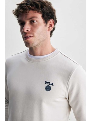 Ucla Valley Bej Bisiklet Yaka Baskılı Standard Fit Erkek Sweatshirt