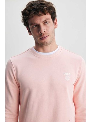Ucla Valley Pembe Bisiklet Yaka Baskılı Standard Fit Erkek Sweatshirt