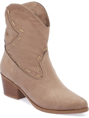 Gdt Ayakkabı Vizon Renk  Süet  Kalın Topuk Kadın Kovboy Bot