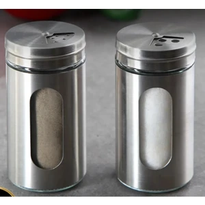 KT Home Tuzluk 2 Li Paslanmaz Çelik Kaplamalı Baharatlık Cam 3 Kademe Delikli Tuzluk Karabiberlik Baharatlık