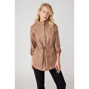 Yakalı Beli Büzgülü Kol Detaylı Süet Ceket