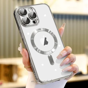M.TK Moveteck Apple iPhone 15 Pro Kılıf Magsafe Wireless Şarj Destekli Parlak Titanium Renkli Kenarlı Arkası Şeffaf Case