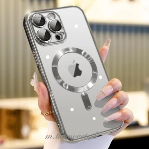 M.TK Moveteck Apple iPhone 15 Pro Max Kılıf Magsafe Wireless Şarj Destekli Parlak Titanium Renkli Kenarlı Arkası Şeffaf Case