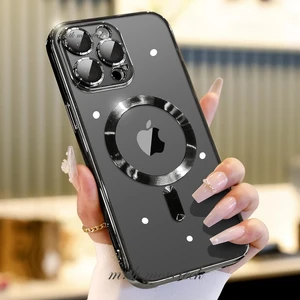 M.TK Moveteck Apple iPhone 15 Pro Max Kılıf Magsafe Wireless Şarj Destekli Parlak Titanium Renkli Kenarlı Arkası Şeffaf Case