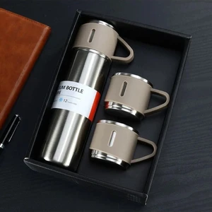 Dlek Store Paslanmaz Çelik Termos Krom Renk 3 Bardaklı Termos Seti Vakumlu Termos Set