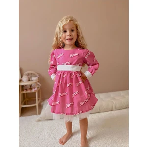 Kız Çocuk Pembe Barbie Astarlı Fiyonklu Elbise