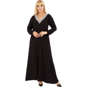 Butik Siyah V Yaka Dantel Detaylı Uzun Kollu Elbise