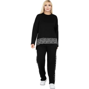 Butik Siyah Kare Şeritli Büyük Beden Kadın Eşofman Takımı