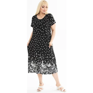 Butik Puanlı Kelebek Desen Kuplu Cepli Kısa Kollu Kadın Midi Elbise