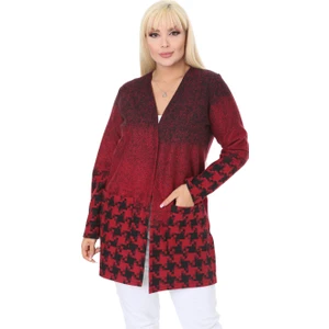 Butik Kırmızı Kazayağı Desen Kısa Büyük Beden Kadın Hırka