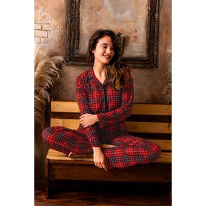 Kışlık Düğmeli Ekose Desen Yılbaşı Temalı  Kadın Süet Pijama Takımı