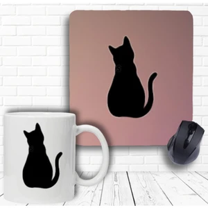 Baskı Tech Siyah Kedi Baskılı Bilek Destekli Mouse Pad ve Kupa Bardak