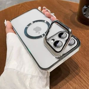 iPhone 15 Pro Max Kılıf Standlı Kamera Koruma Çerçeveli Magsafe Şarj Arkası Sararmaz Sert Şeffaf