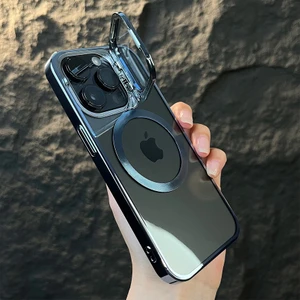 iPhone 15 Pro Uyumlu Kılıf Standlı Kamera Koruma Çerçeveli Magsafe Şarj Arkası Sararmaz Sert Şeffaf