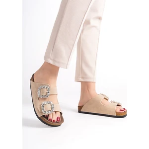 Ilyada Taşlı Çift Toka Kadın Krem Terlik