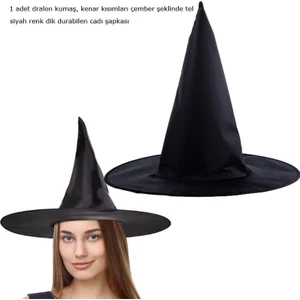 Halloween Siyah Renk Dralon Kumaş Cadı Şapkası Yetişkin 1 Adet