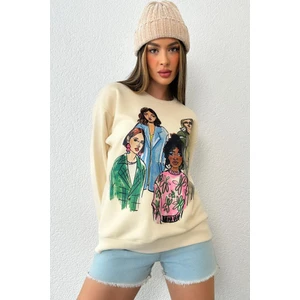 Kadın Oversize Baskılı Ribanalı Örme Sweatshirt