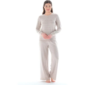 Kadın Simli Jakar Uzun Kol Bej Pijama Takımı C4T9N0O3