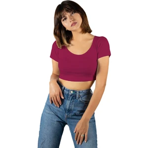 Terapi Men Kadın Fuşya Havuz Yaka Fitted/vücuda Oturan Kısa Kol Crop Tişört 23K-TRP-CRP04