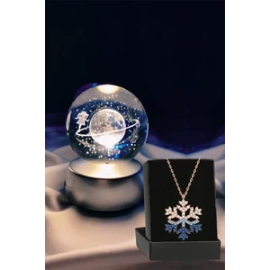 Renk Değiştiren LED Işıklı Cam Satürn Kız Küre Dolunay Lamba Kristal Top ve Zirkon Kar Tanesi Kolye