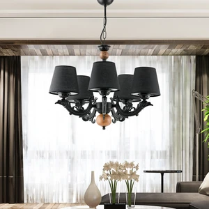 Beş Kollu Ahşaplı Siyah Sava Zamak Avize Siyah Şapkalı