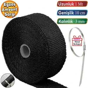1 Metre 10 cm Cam Elyaf Eksoz Sargısı Metal Kelepçe Manifold Sargı Bezi Yanmaz Bant Siyah Amyant 3 mm (Kalınlık)