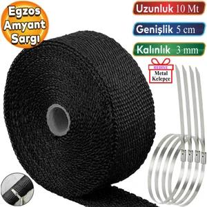 10 Metre 5 cm Cam Elyaf Eksoz Sargısı Metal Kelepçe Manifold Sargı Bezi Yanmaz Bant Siyah Amyant 3 mm (Kalınlık)
