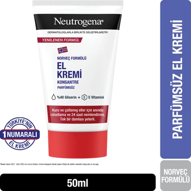 Neutrogena Parfümsüz El Kremi 50 ml - Norveç Formülü ile %40 Gliserin ve E Vitamini ile Yoğun