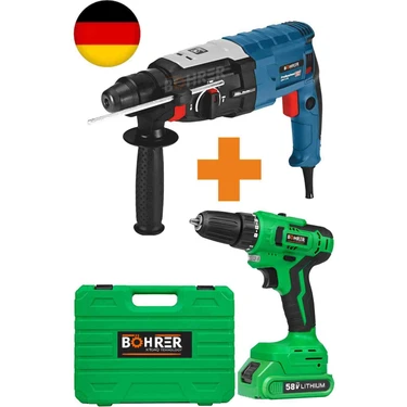 Böhrer 3200W Kırıcı Delici Hilti Matkap + V58 5000MAH Akülü Vidalama 24 Parça Matkap