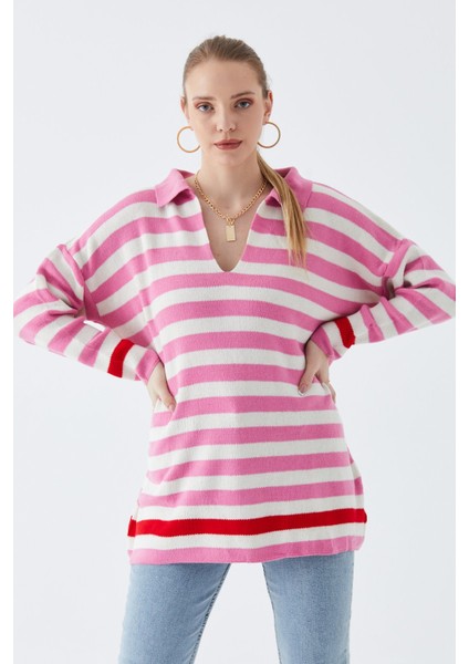 Narkıss Gömlek Yaka Pembe Çizgili Triko Kazak