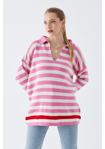 Narkıss Gömlek Yaka Pembe Çizgili Triko Kazak fiyatları