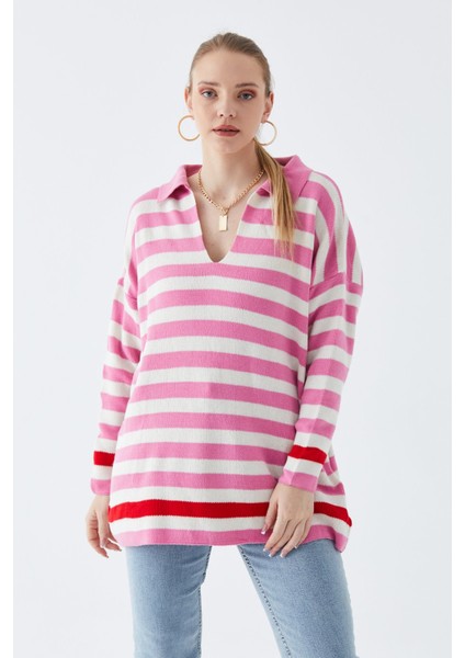 Narkıss Gömlek Yaka Pembe Çizgili Triko Kazak modelleri