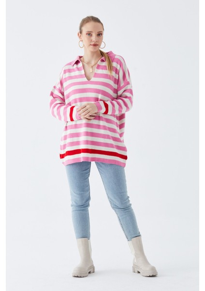 Narkıss Gömlek Yaka Pembe Çizgili Triko Kazak fırsatları