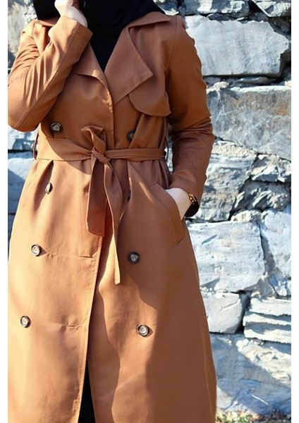 -Kuşaklı Yazlık Kışlık Astarlı Trençkot Taba Xxl-3xl
