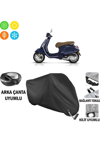 Vespa Primavera 150 Motosiklet Brandası Arka Çanta, Tokalı ve Kilit Uyumlu Siyah