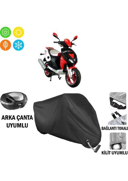 Mondial 150 Rf Motosiklet Branda Arka Çanta, Tokalı ve Kilit Uyumlu Siyah