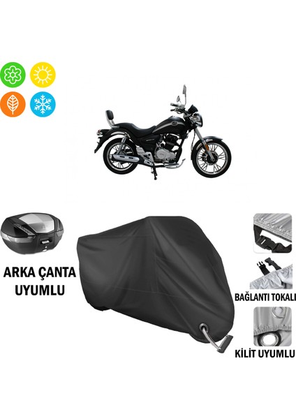 Mondial 150 Sentor Motosiklet Branda Arka Çanta, Tokalı ve Kilit Uyumlu Siyah