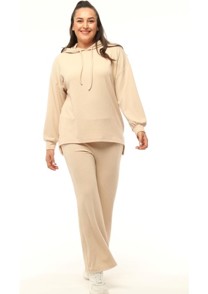 Kadın Büyük Beden Fitilli Örme Kapüşonlu Eşofman Taş Takımı