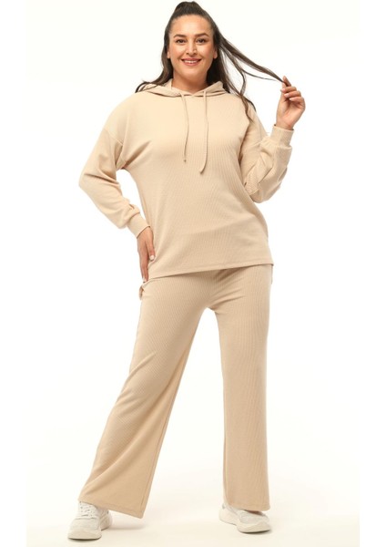 Kadın Büyük Beden Fitilli Örme Kapüşonlu Eşofman Taş Takımı indirimleri