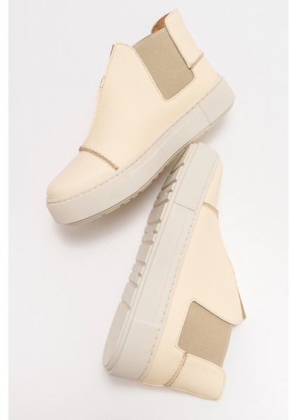 110 Ekru Bej Deri Kadın Sneakers