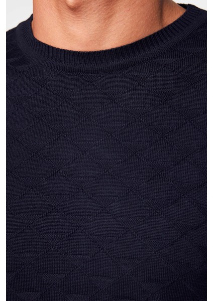 Slim Fit Dar Kesim Bisiklet Yaka Desenli Erkek Lacivert Kazak modelleri