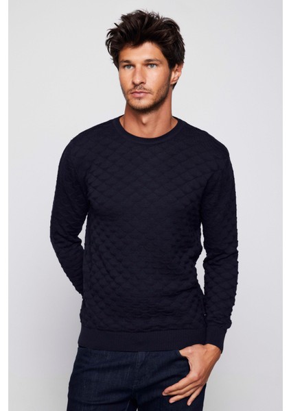 Slim Fit Dar Kesim Bisiklet Yaka Desenli Erkek Lacivert Kazak fırsatları