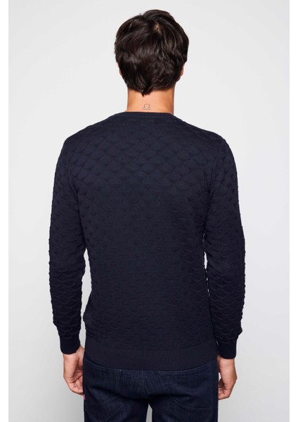 Slim Fit Dar Kesim Bisiklet Yaka Desenli Erkek Lacivert Kazak indirimleri