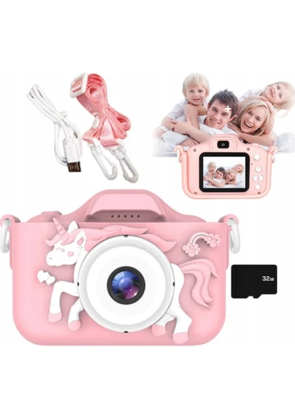 Çocuk Fotoğraf Makinesi 2inç  Kılıflı Hd Dijital Selfie Kamera + 32GB Hafıza Kartı