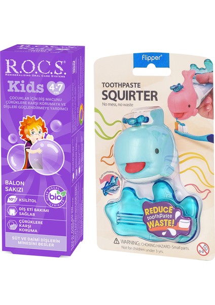 Kids 4-7 Yaş Balon Sakızı Tadında Diş Macunu 45 gr ve Diş Macunu Sıkacağı Seti - Mavi YENİ AMBALAJ