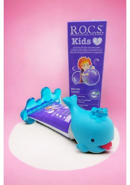 Kids 4-7 Yaş Balon Sakızı Tadında Diş Macunu 45 gr ve Diş Macunu Sıkacağı Seti - Mavi YENİ AMBALAJ