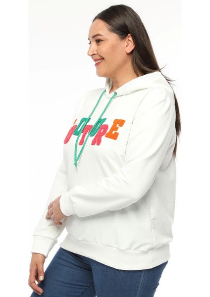 Kadın Büyük Beden Couture Yazılı Beyaz Sweatshirt