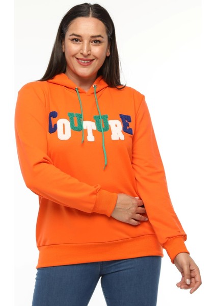 Kadın Büyük Beden Couture Yazılı Turuncu Sweatshirt