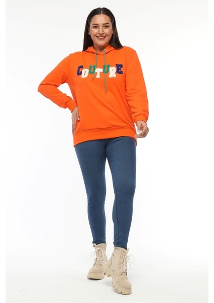 Kadın Büyük Beden Couture Yazılı Turuncu Sweatshirt modelleri