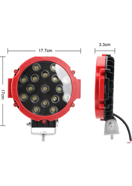 Off Road Led Projektör Sis Lambası Kırmızı Çerçeve Beyaz Led 51W 18 Cm